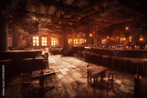 Wide panoramic view of the bar area in a fantasy medieval tavern, interior, art illustration photo