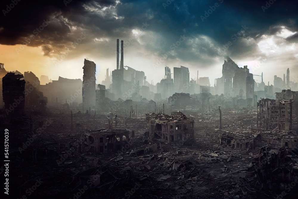 A post-apocalyptic ruined city. Destroyed buildings, destroyed roads ...