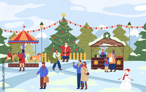 Amusement park or Christmas market, vector banner.
