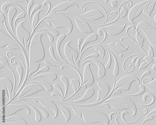 Emboss floral 3d seamless pattern. Embossed white background. Vintage textured flowers, leaves. Repeat surface vector backdrop. Floral relief 3d ornament. Endless ornate texture with embossing effect