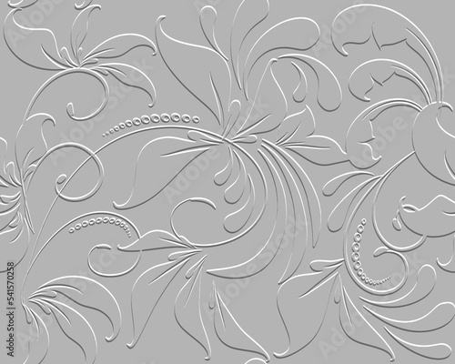 Floral textured 3d seamless pattern. Leafy embossed vector background. Repeat relief beautiful backdrop. Wallpaper. Emboss 3d surface ornaments with vintage leaves  swirls  flowers  lines  circles