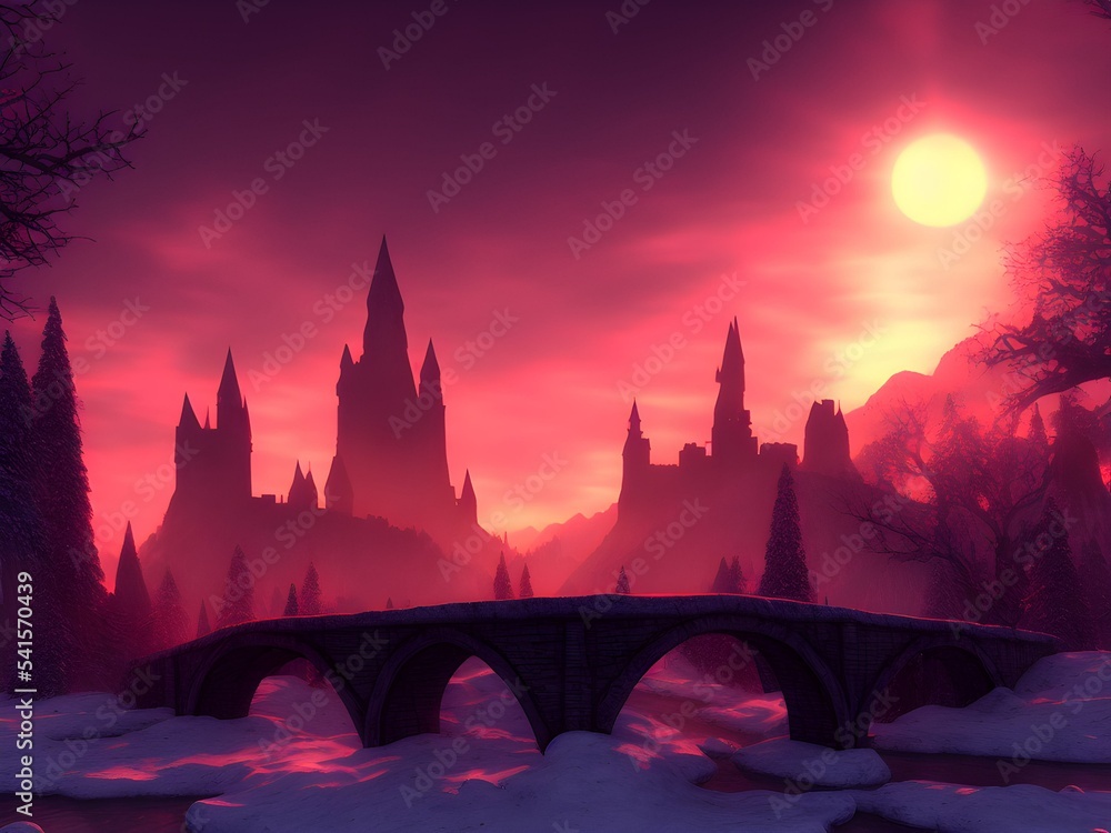 Naklejka premium Old Fantasy castle with bridges, 3d illustrarion, 3d render