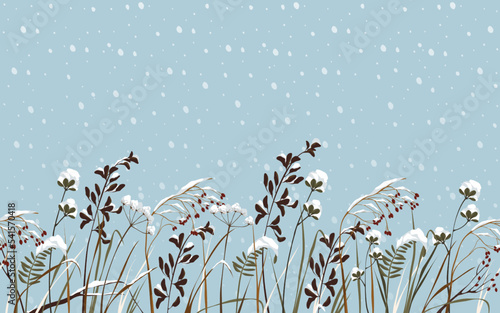 Snowbound meadow flowers, vector border or banner