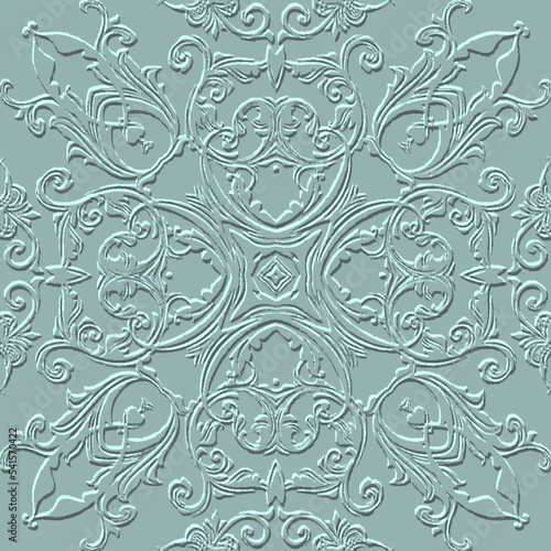 Floral Baroque 3d seamless pattern. Vector embossed grunge blue