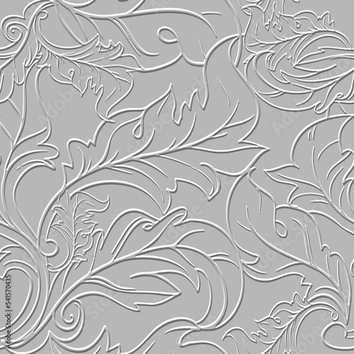 Floral Baroque lines leaves 3d seamless pattern. White embossed grunge background. Repeat emboss backdrop. Surface relief 3d line art flowers leaves ornament in Baroque style. Textured leafy design
