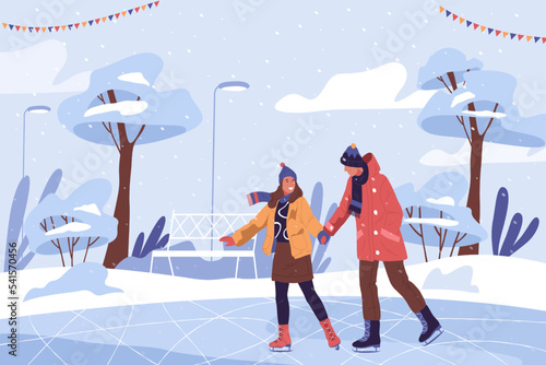 People skating together in a park, vector banner.