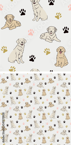 Seamless Golden dog pattern, holiday texture. Square format, t-shirt, poster, packaging, textile, socks, textile, fabric, decoration, wrapping paper. Trendy hand-drawn Golden Retriever dog wallpaper.