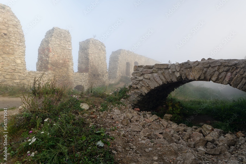 Upper courtyard in a misty morning. The ruins of the Stary Jicin castle. Eastern Moravia. Czechia.