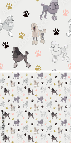 Seamless Poodle dog pattern, holiday texture. Square format, t-shirt, poster, packaging, textile, socks, textile, fabric, decoration, wrapping paper. Trendy hand-drawn Poodle dog wallpaper.