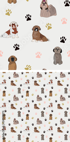 Seamless Shih Tzu dog pattern, holiday texture. Square format, t-shirt, poster, packaging, textile, socks, textile, fabric, decoration, wrapping paper. Trendy hand-drawn Hsi Shih dog wallpaper.