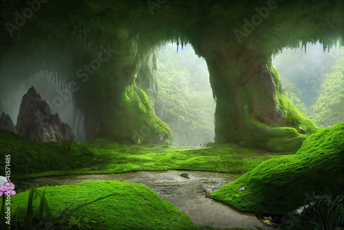 Fotografering Jungle cave in the rock with green trees, grass, moss and hanging vines 3d illus