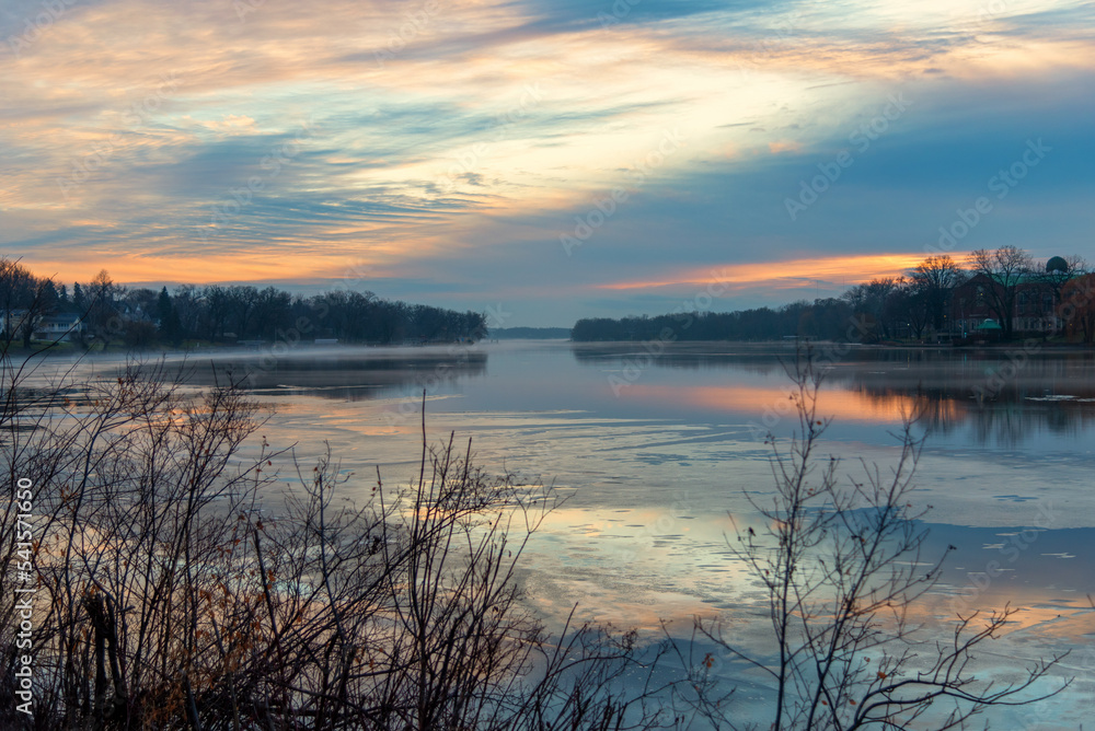 A Winter Sunset On Fox River At De Pere, Wisconsin