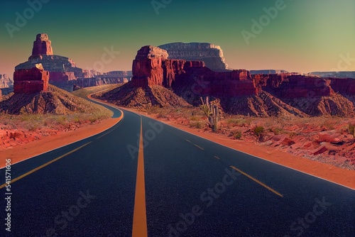 Fototapeta Road in the desert with stones, cacti and dry sandy ground under the scorching s