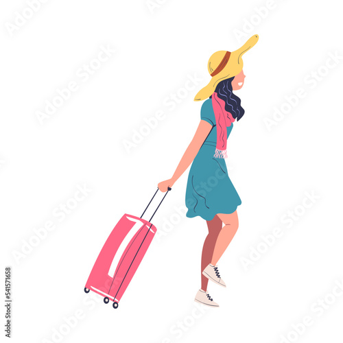 Woman Character in Hat with Suitcase Going on Summer Vacation Having Journey Vector Illustration