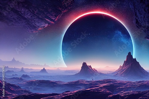 Alien planet with frozen ice rocks under the night sky with glowing and shining moon sphere 3d illustration