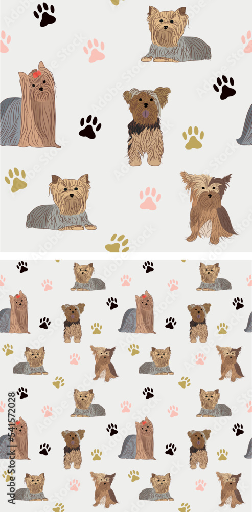 Seamless Yorkshire Terrier dog pattern, holiday texture. Square format, t-shirt, poster, packaging, textile, socks, textile, fabric, decoration, wrapping paper. Trendy hand-drawn  Yorkie dog.