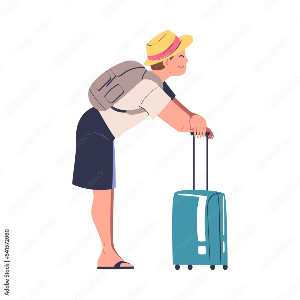 Standing Man Character in Hat with Suitcase Going on Summer Vacation Having Journey Vector Illustration Standing Man Character in Hat with Suitcase Going on Summer Vacation Having Journey Vector Illustration