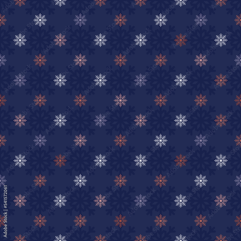 Colourful Christmas seamless vector snowflake texture on dark blue background. A classic seasonal pattern for wrapping paper, greeting cards, invitations, gift boxes and web background. Colourful Christmas seamless vector snowflake texture on dark blue background. A classic seasonal pattern for wrapping paper, greeting cards, invitations, gift boxes and web background.