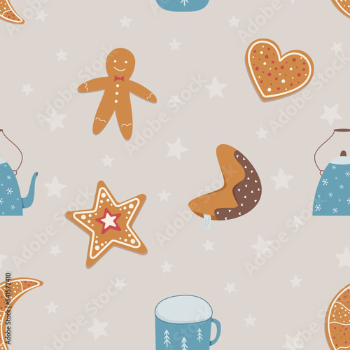 Winter seamless pattern with ginger cookies in flat style, kettle and cup - star, heart, gingerbread man, fortune cookie