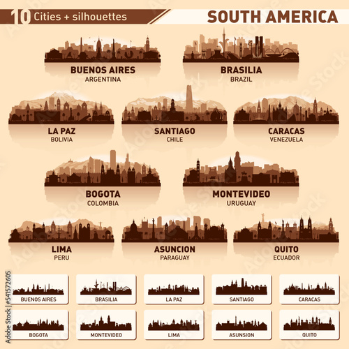 City skyline set. 10 city silhouettes of South America