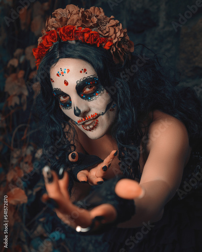 Obraz na płótnie Day of the Dead. Dia de los muertos. Woman with sugar skull makeup. Santa Muerte. Calavera Catrina. Halloween. w salonie