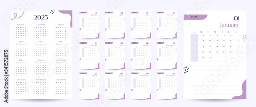 Monthly wall calendar 2023 template in trendy minimalist Style, cover concept, week starts on sunday, 2023 minimal calendar planner design for printing template in purple