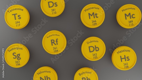 Transuranium superheavy chemical elements. 3d illustration. Nuclear physics. Set of transuranium chemical elements. Background for cover or banner photo