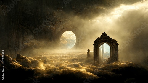 Portal to another world, magical realism, parallel world, ancient runes, relics. Wooden gate in dim clouds in an empty room. 3D render. Raster illustration.