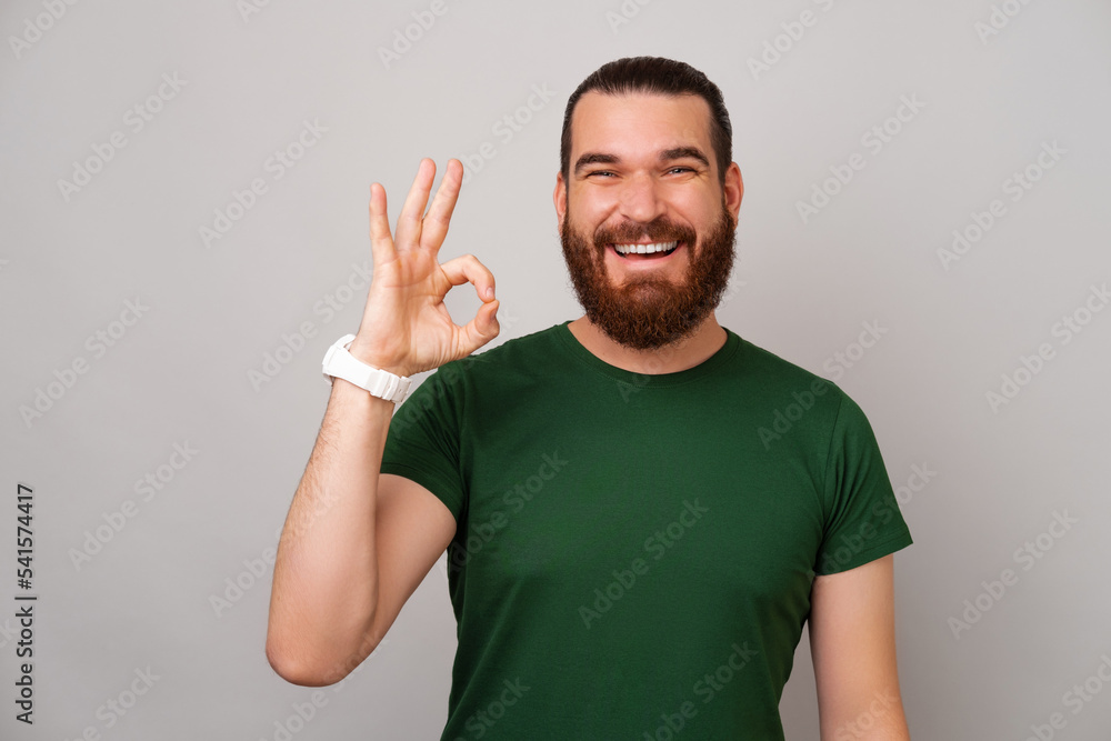 Photo of joyful young bearded man showing OK gesture over grey backdrop Photo of joyful young bearded man showing OK gesture over grey backdrop
