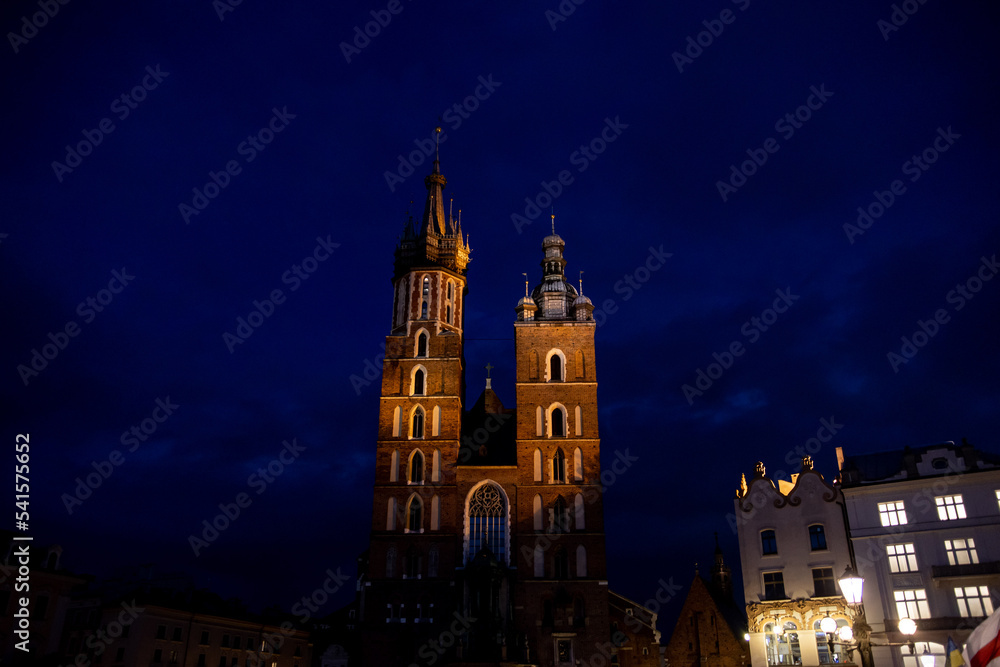 Saint Marys Cathedral lit up at night in Krakow, Poland