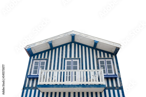 Typical colorful striped blue and white house called Palheiros isolated on white background