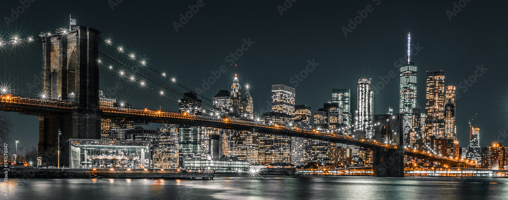brooklyn bridge night exposure - obrazy, fototapety, plakaty 