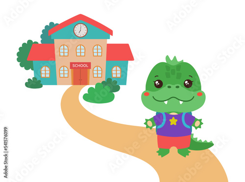 Back to school kawaii animal vector illustration. Cute crocodile student on path to school building. Smiling dinosaur little dragon cartoon character. Elementary school clipart logo flat design.