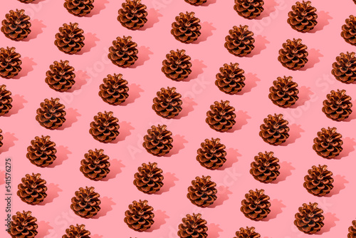 christmas fir cones print on light pink background small fragment