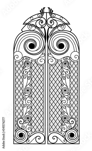 Wrought iron gate and fence.Black metal gate with forged ornaments on a white background.decorated steel vector mansion entrance. Antique vintage architecture object, facade black Victorian grate