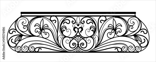 wrought iron balcony. Black metal railing with forged ornaments on a white background. entrance to the terrace decorated with steel vector. Antique vintage object of architecture,