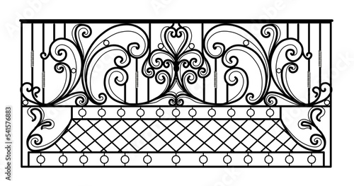 wrought iron balcony. Black metal railing with forged ornaments on a white background. entrance to the terrace decorated with steel vector. Antique vintage object of architecture,