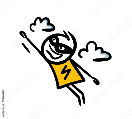 Doodle hand drawn superman with raised arm flying trough the clouds.