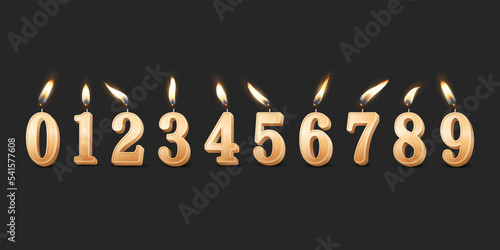 Vector 3d Realistic Paraffin or Wax Burning Golden Birthday Party Candles, Numbers and Different Flame of a Candle Icon Set Isolated. Design Template, Clipart, Birthday Concept