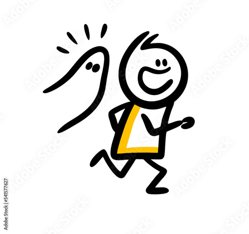 Halloween ghost pursues young man running in fear.