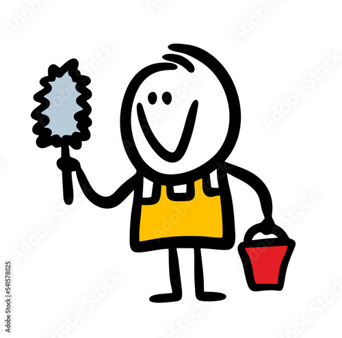 Funny cleaner with dust brush and bucket is ready for work.