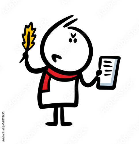 Romantic figure of hand drawn cartoon poet holding a sheet of paper and feather.