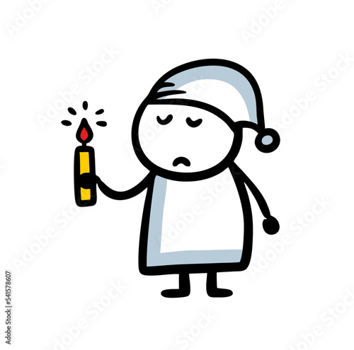 Night figure of cartoon male character with candle in retro sleeping costume.
