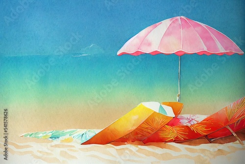 Summer tropical wall arts background. Beach umbrella, sand mat, air mattress,, line arts. Watercolor background design for wall framed prints, canvas prints, poster, home decor, t shirt, wallpaper photo
