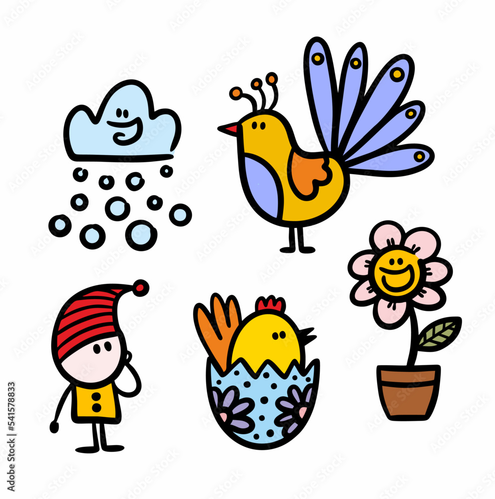 Vector set of cartoon characters hand drawn in cute childish style. Vector set of cartoon characters hand drawn in cute childish style.