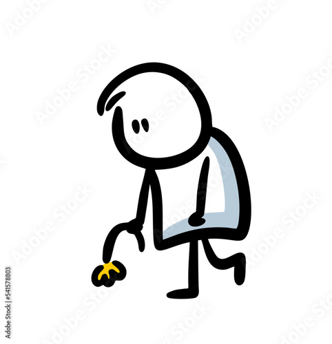 Upset cartoon character going back from a failed date holding wilted flower.