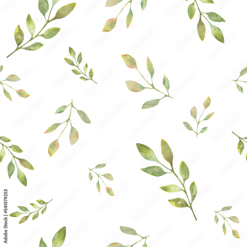 Watercolor seamless pattern with abstract green leaves. Hand drawn floral illustration isolated on white background. For packaging, wrapping design or print. Vector EPS.