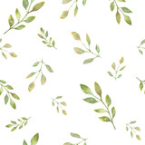 Watercolor seamless pattern with abstract green leaves. Hand drawn floral illustration isolated on white background. For packaging, wrapping design or print. Vector EPS.