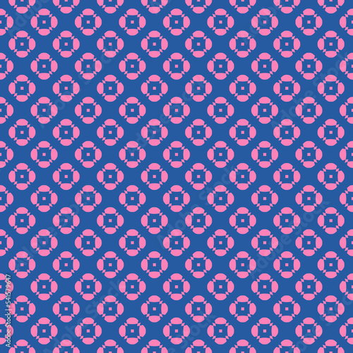 Vector geometric floral seamless pattern. Stylish background with small flower shapes, squares, repeat tiles. Retro vintage style texture in bright blue and pink color. Design for decor, print, fabric © Olgastocker