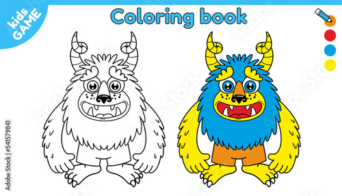 Monster outline and colorful monster. Coloring book. Vector illustration of cartoon mutant in childish style.